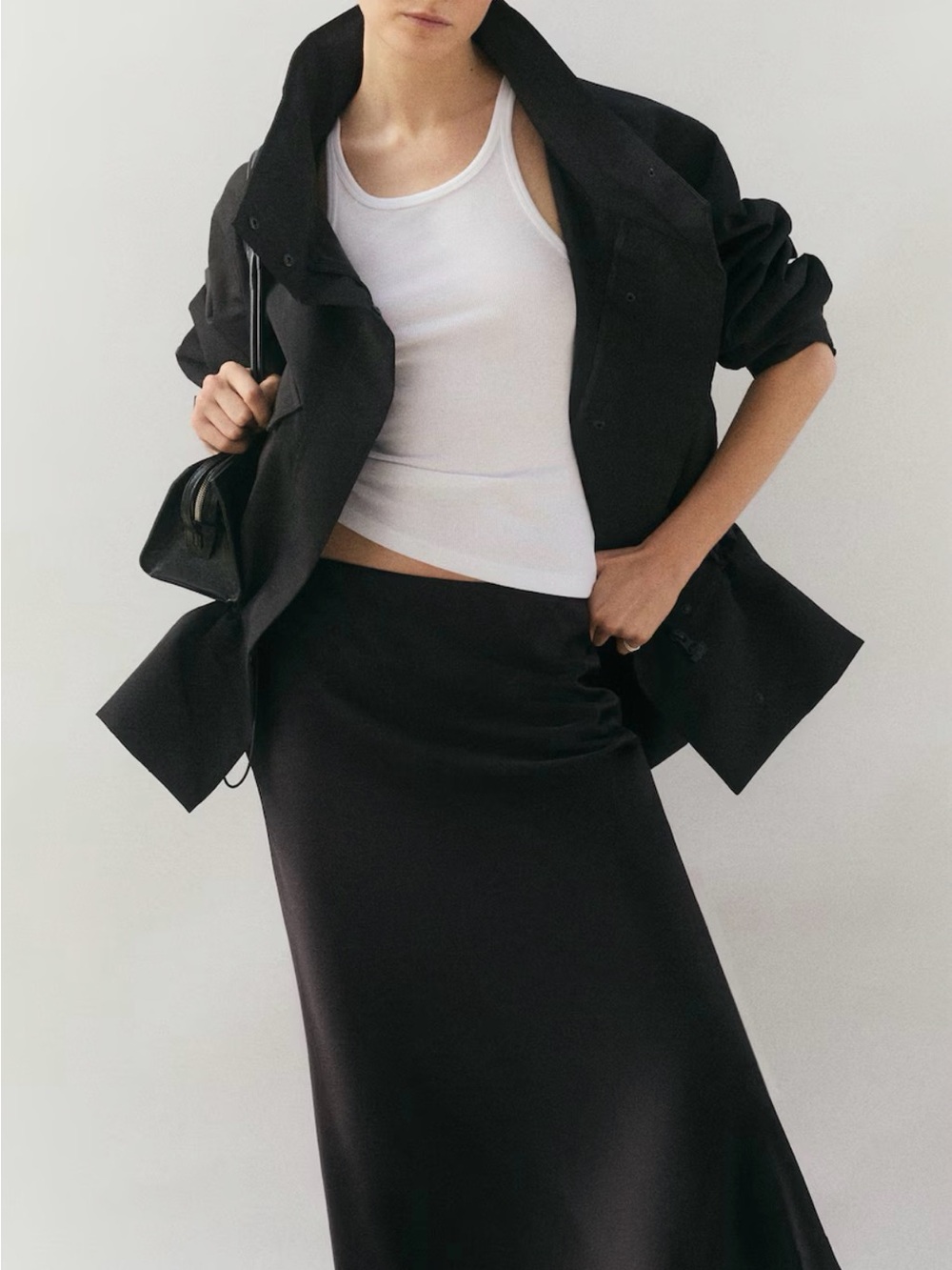 H&M Black Satin midi Skirt